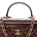 Lambskin Quilted Small Top Handle Vanity Case With Chain Dark Brown
