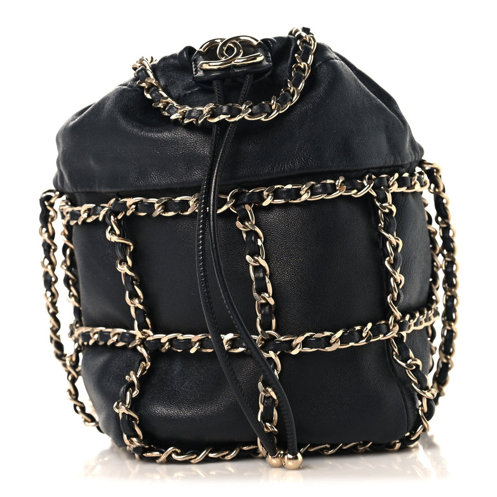 Lambskin Bucket Chain Drawstring Bag Black