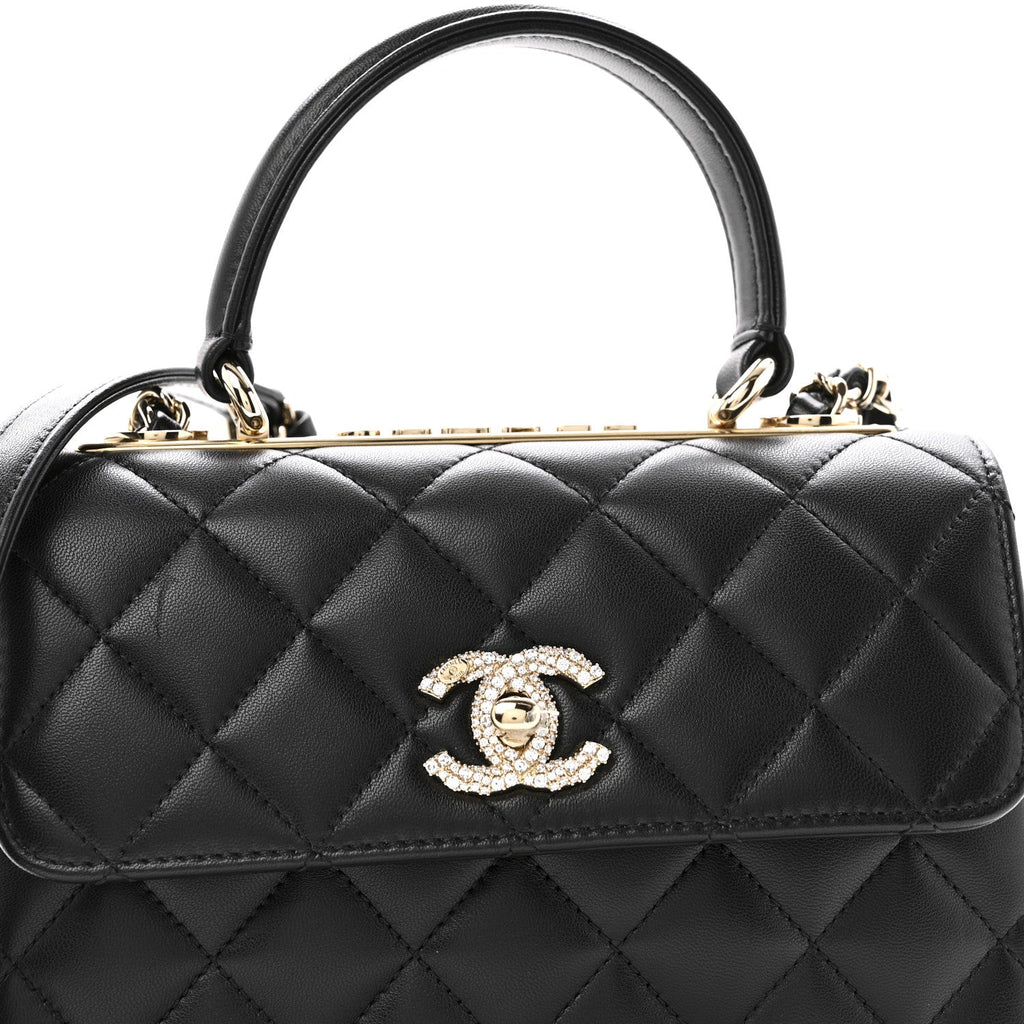 Lambskin Crystal Quilted Mini Trendy CC Dual Handle Flap Bag Black