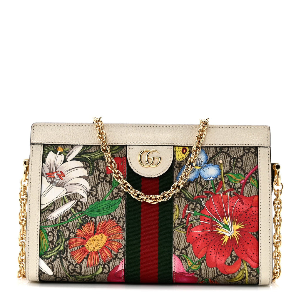 GG Supreme Monogram Flora Web Small Ophidia Chain Shoulder Bag White