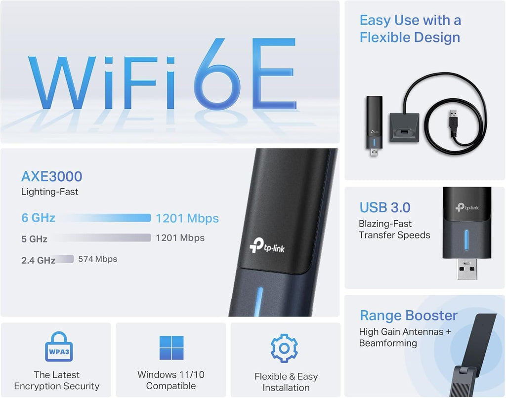 WiFi 6E USB Adapter for Desktop PC - (Archer TXE50UH) AXE3000 Tri-Band Wireless Network Adapter, Ultra-Low Latency, MU-MIMO, OFDMA, Refined Security, WPA3, Supports Windows 11/10