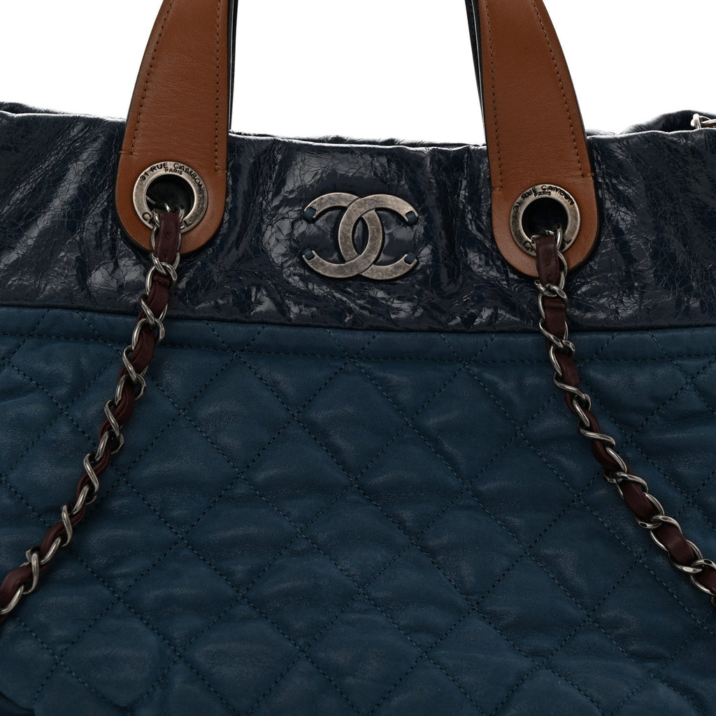 Iridescent Calfskin Quilted Large In The Mix Tote Navy