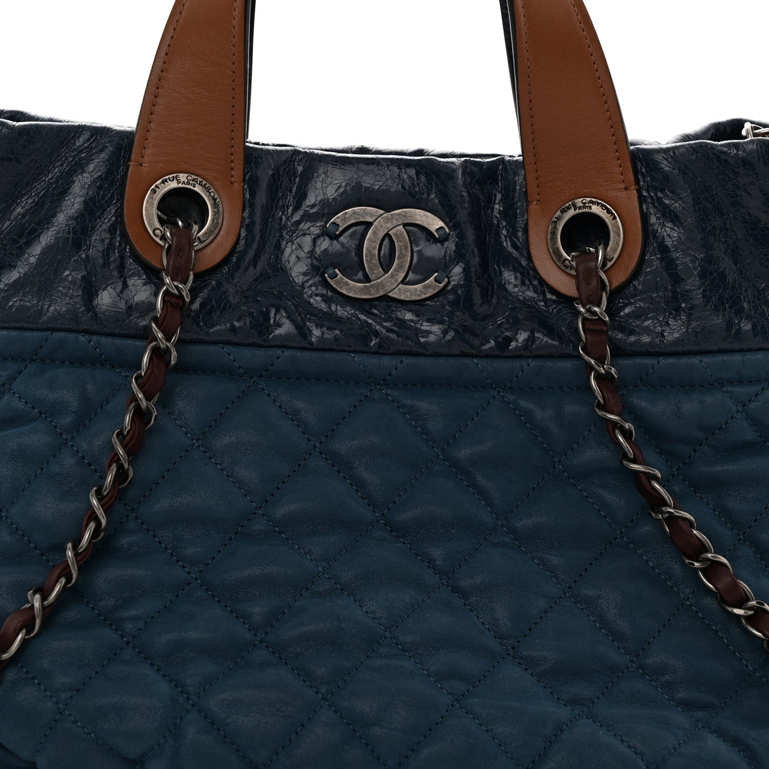 Iridescent Calfskin Quilted Large In The Mix Tote Navy