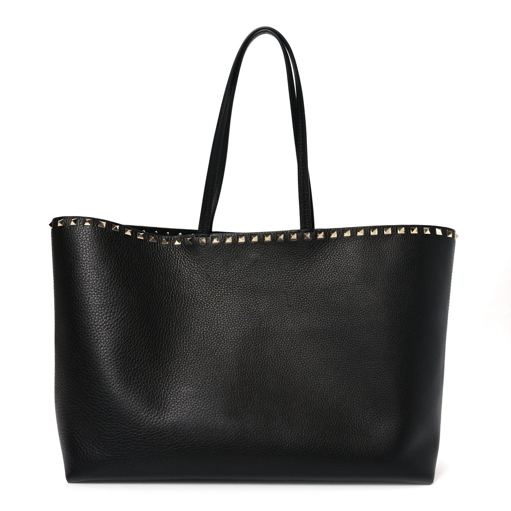 Grained Calfskin Rockstud Shoulder Tote Black