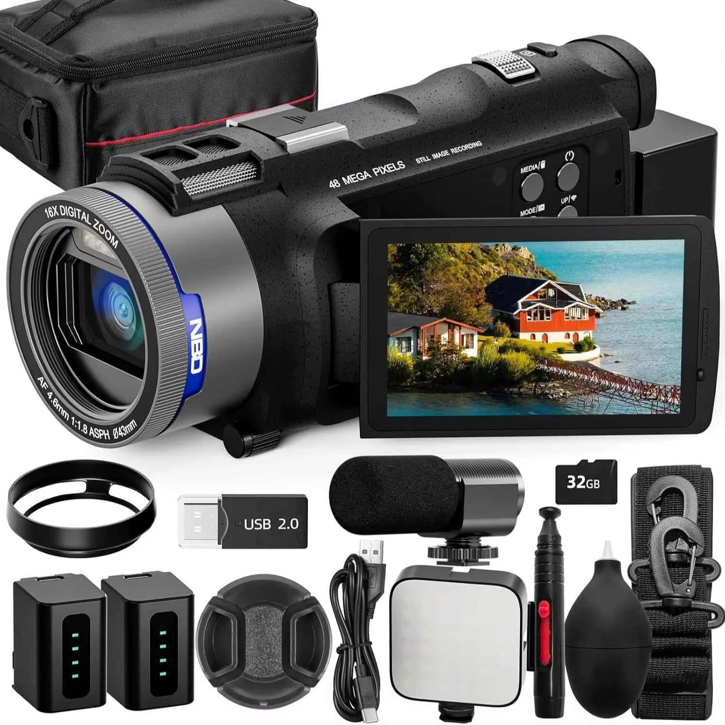 4K Camcorder with 48MP Vlogging Capability, Wi-Fi and App Control, Extended Battery Life, and 16X Zoom Functionality with 32gb Sd Card