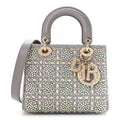 Calfskin Satin Celestial Bead Embroidery Embroidered Small Lady Dior Grey Multicolor