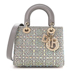 Calfskin Satin Celestial Bead Embroidery Embroidered Small Lady Dior Grey Multicolor