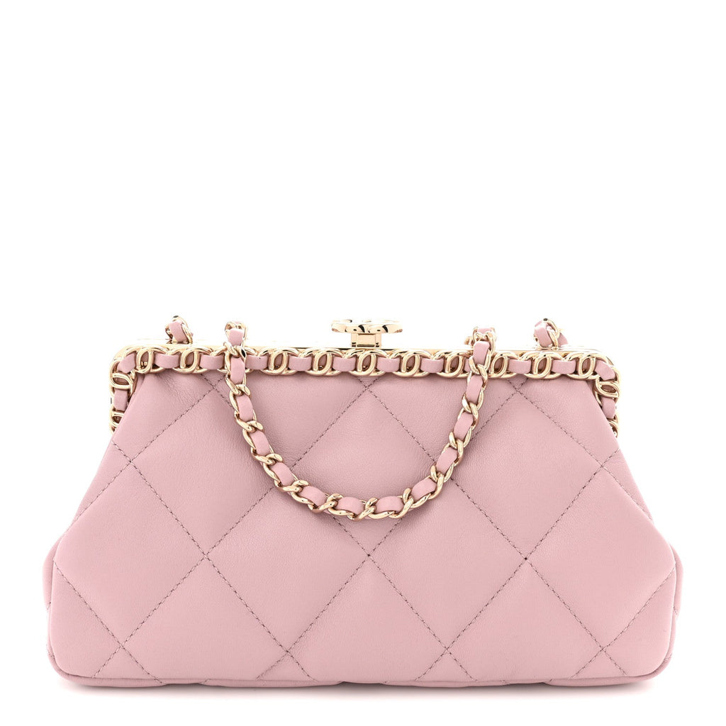 Lambskin Quilted Chain Frame Clutch Pink