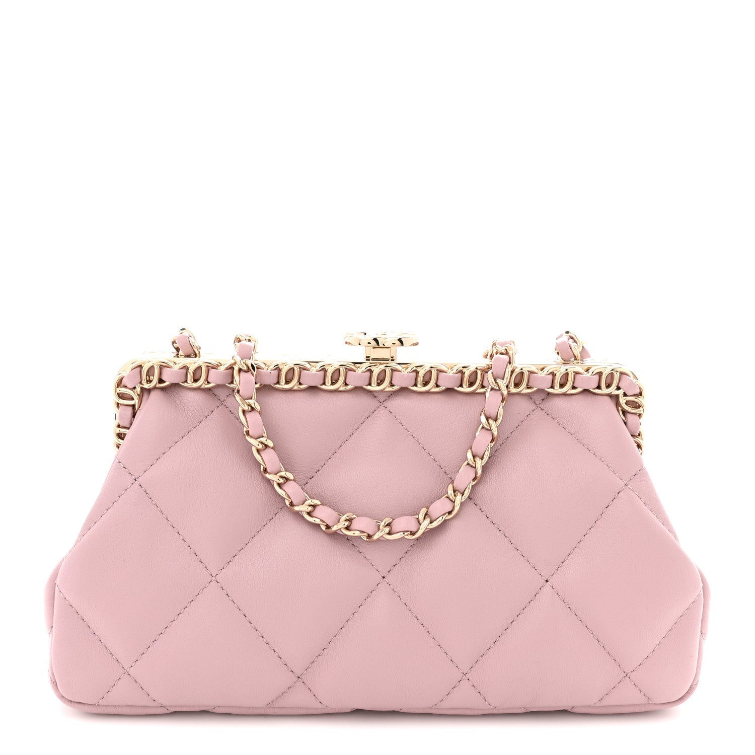 Lambskin Quilted Chain Frame Clutch Pink