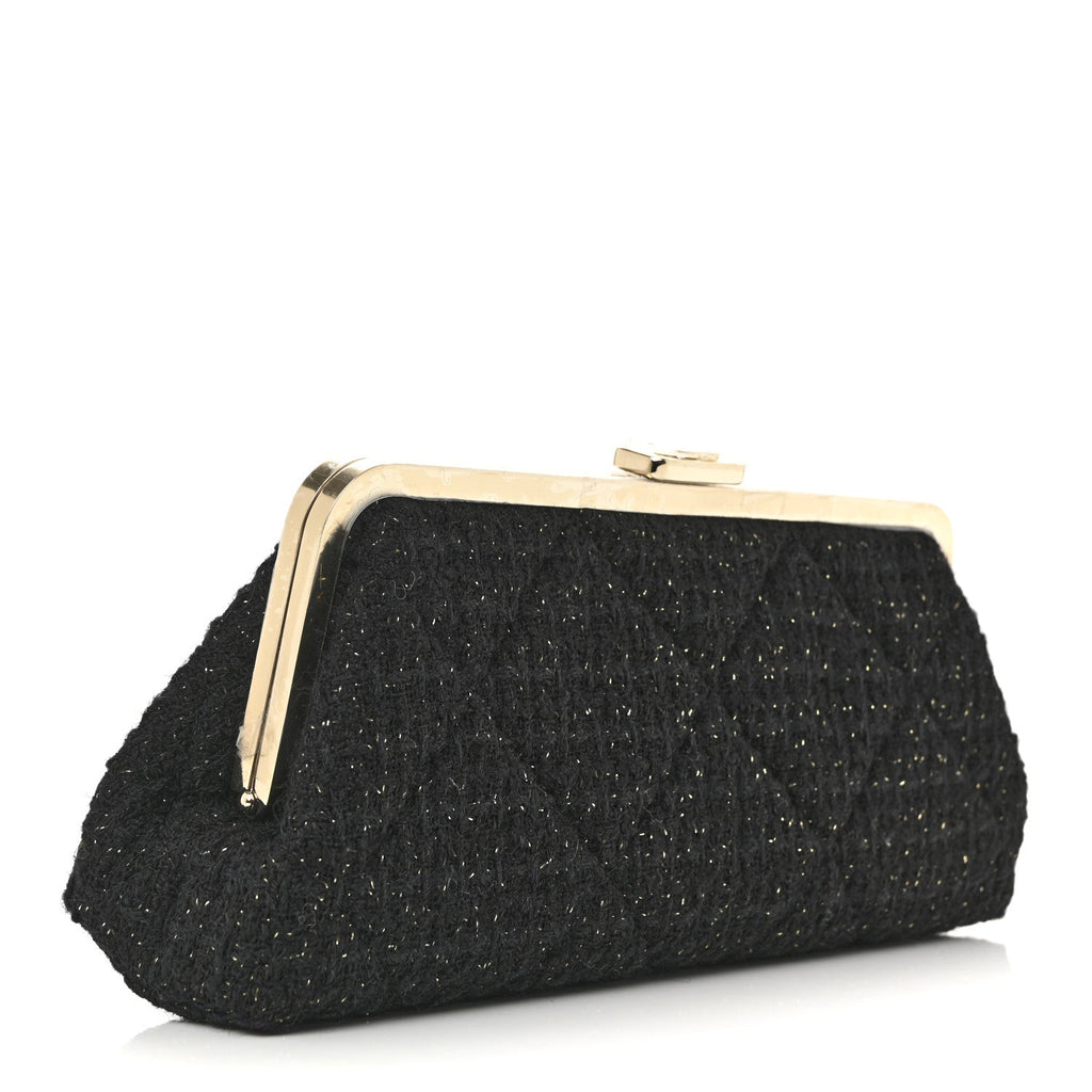 Tweed Quilted Kiss Lock Clutch Black