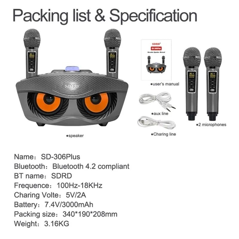 SD306 Plus 2 in 1 Portable Karaoke Wireless Bluetooth Speaker Dual Microphone Owl Speaker 30W High Power Subwoofer Family KTV
