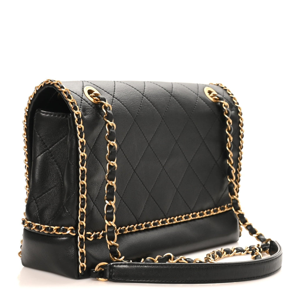 Calfskin Stitched Chain Flap Black