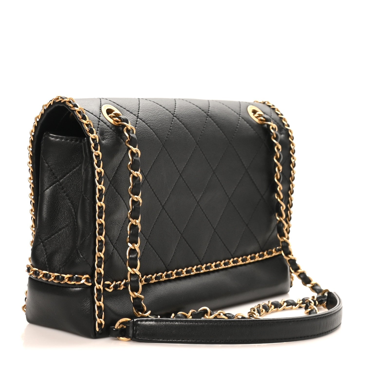 Calfskin Stitched Chain Flap Black
