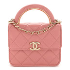 Lambskin Quilted Top Handle Flap Clutch With Chain Pink