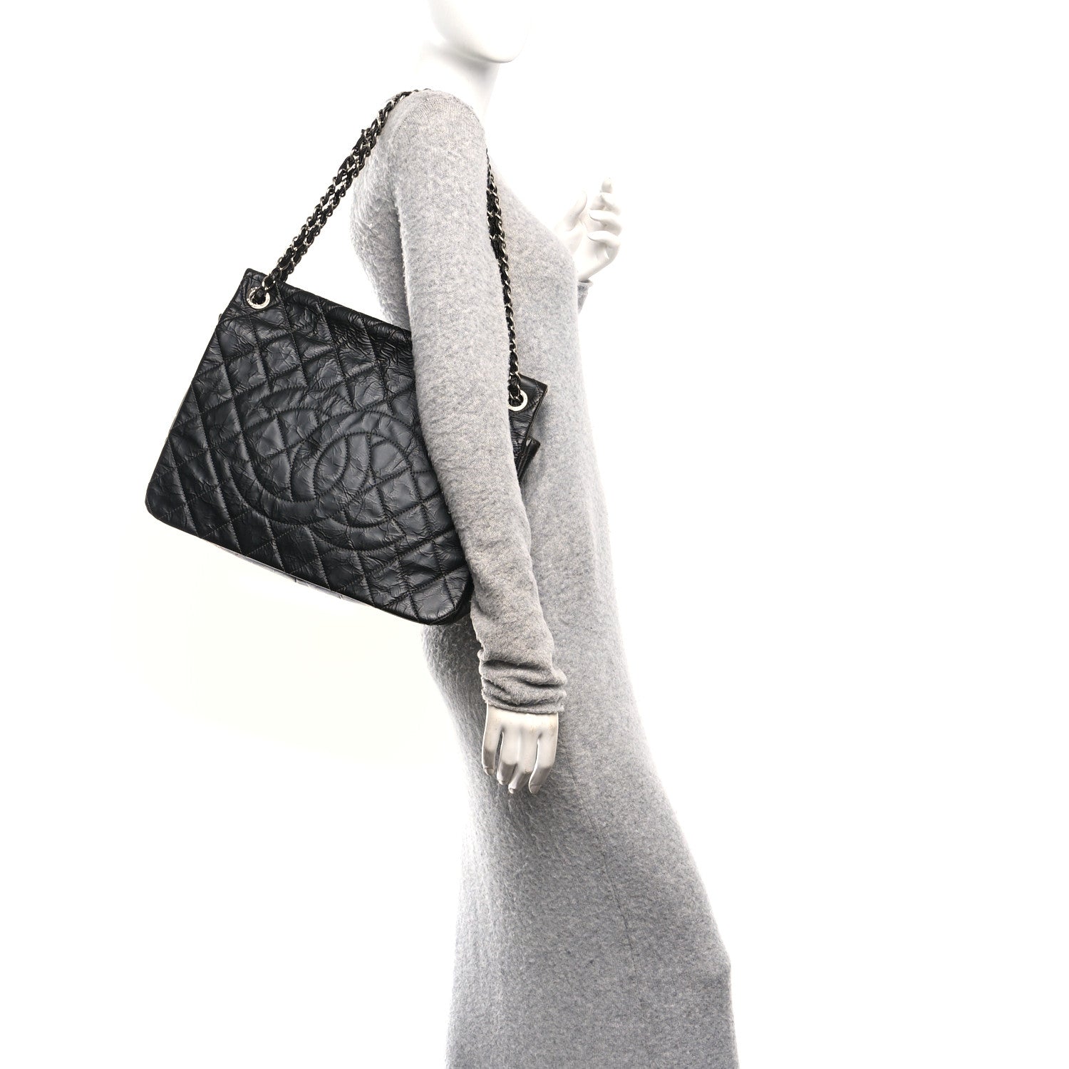 Glazed Calfskin Quilted CC XL Single Flap Black
