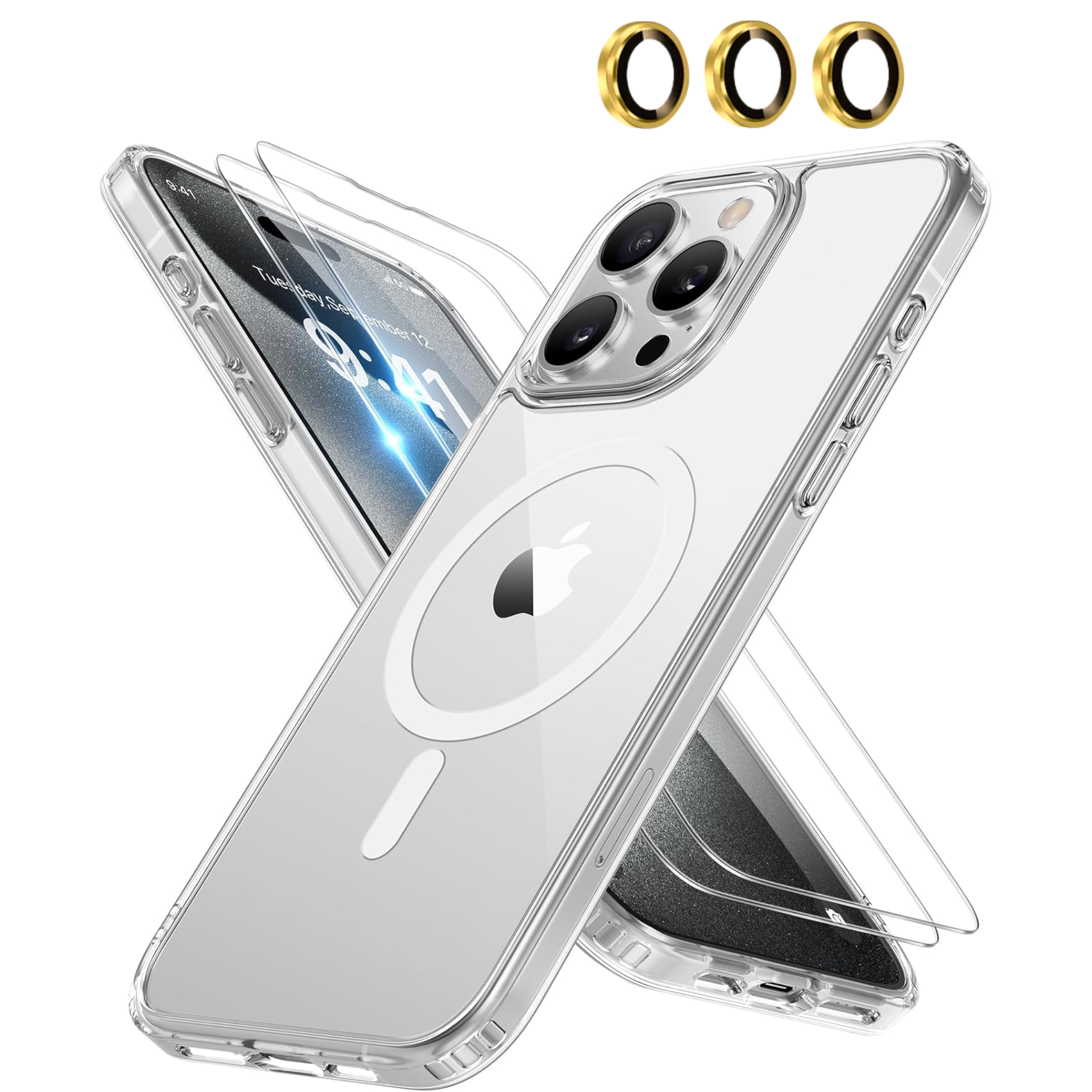 Entronix Bundle Compatible with iPhone 15 Pro - [Magnetic] Clear Case, 2 Clear Screen Protectors & 1 Metallic Camera Lens Protector