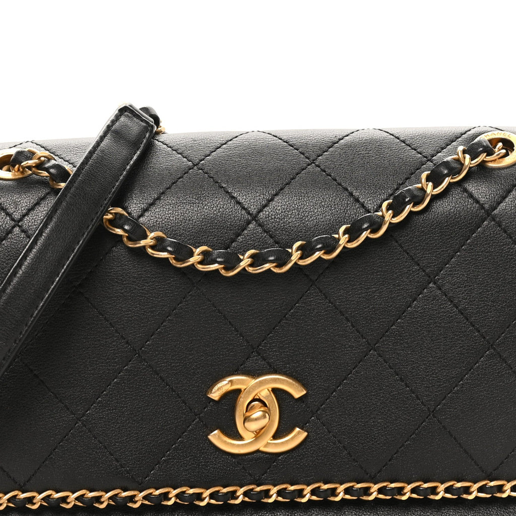 Calfskin Stitched Chain Flap Black