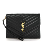 Grain De Poudre Matelasse Chevron Monogram Envelope Clutch Black