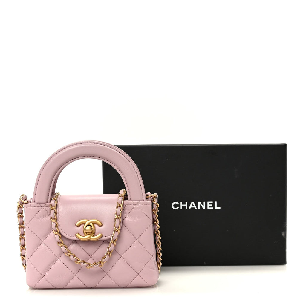 Shiny Aged Calfskin Quilted Mini Nano Kelly Shopper Light Pink