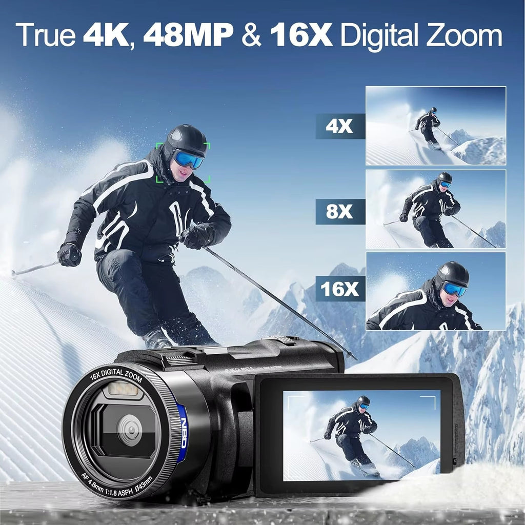 4K Camcorder with 48MP Vlogging Capability, Wi-Fi and App Control, Extended Battery Life, and 16X Zoom Functionality with 32gb Sd Card