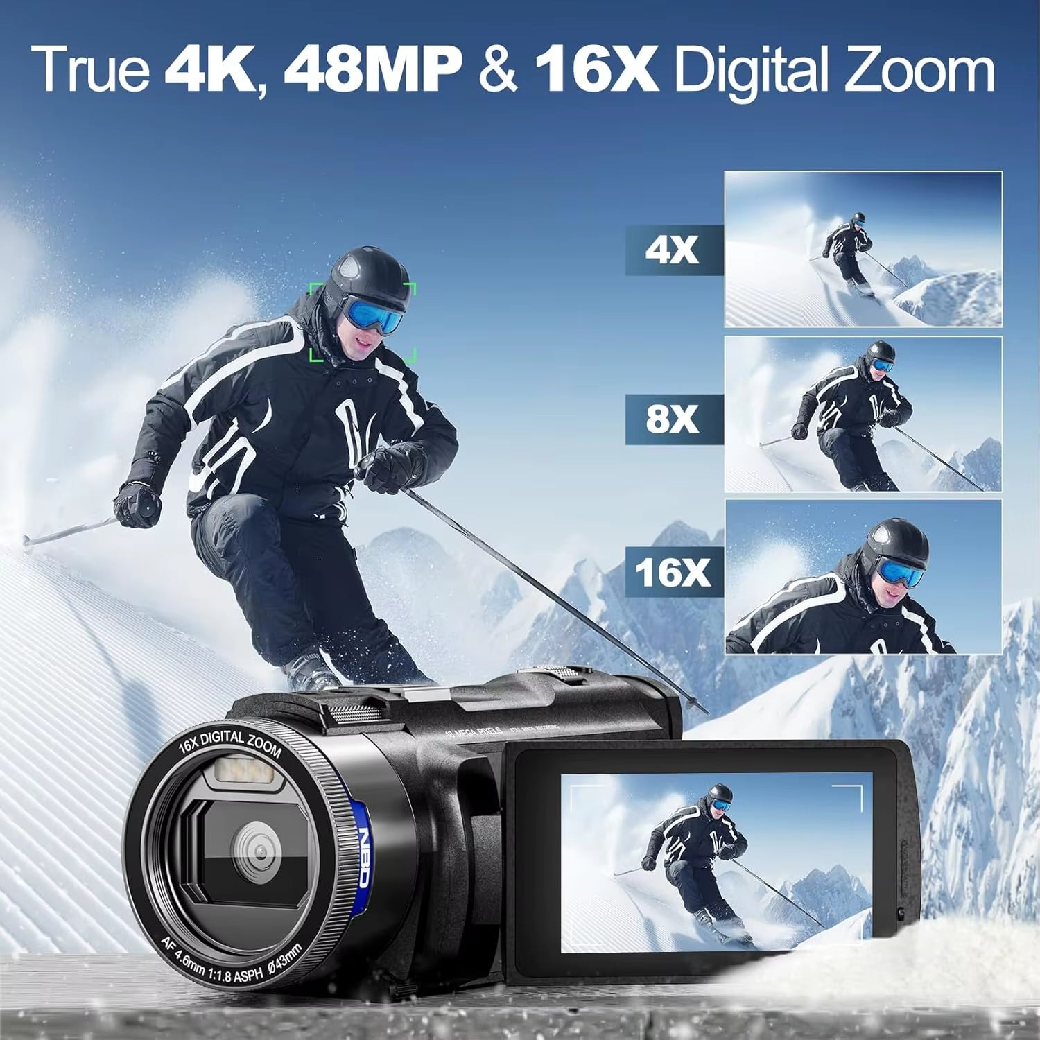 4K Camcorder with 48MP Vlogging Capability, Wi-Fi and App Control, Extended Battery Life, and 16X Zoom Functionality with 32gb Sd Card