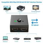 HD IN & HD OUT Bi-directional Switch Adapter 1x2 or 2x1 4K HDTV Splitter Converter Hub Manual Switcher Supports HD 3D 1080P for DVD HDTV Projector Displayer