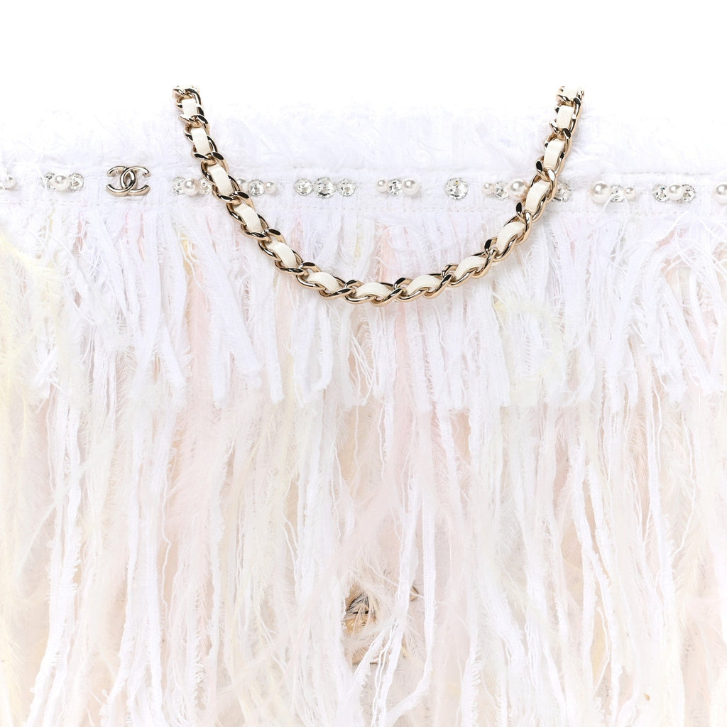 Tweed Embroidered Feathers Pearl Crystal Clutch White