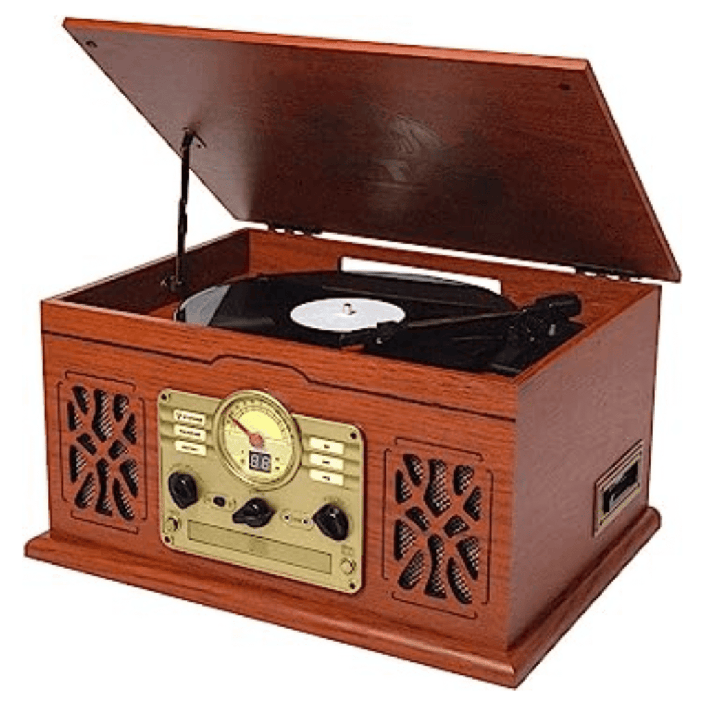 7-in-1 Wood Music Center with 3-Speed Turntable & Dual Bluetooth