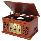 7-in-1 Wood Music Center with 3-Speed Turntable & Dual Bluetooth