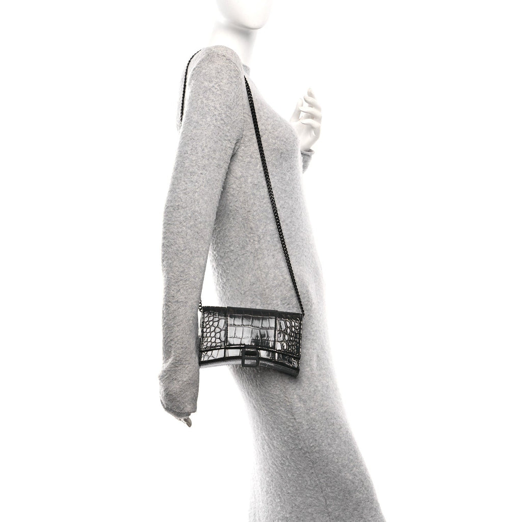 Shiny Calfskin Monochrome Crocodile Embossed Hourglass Chain Bag Black