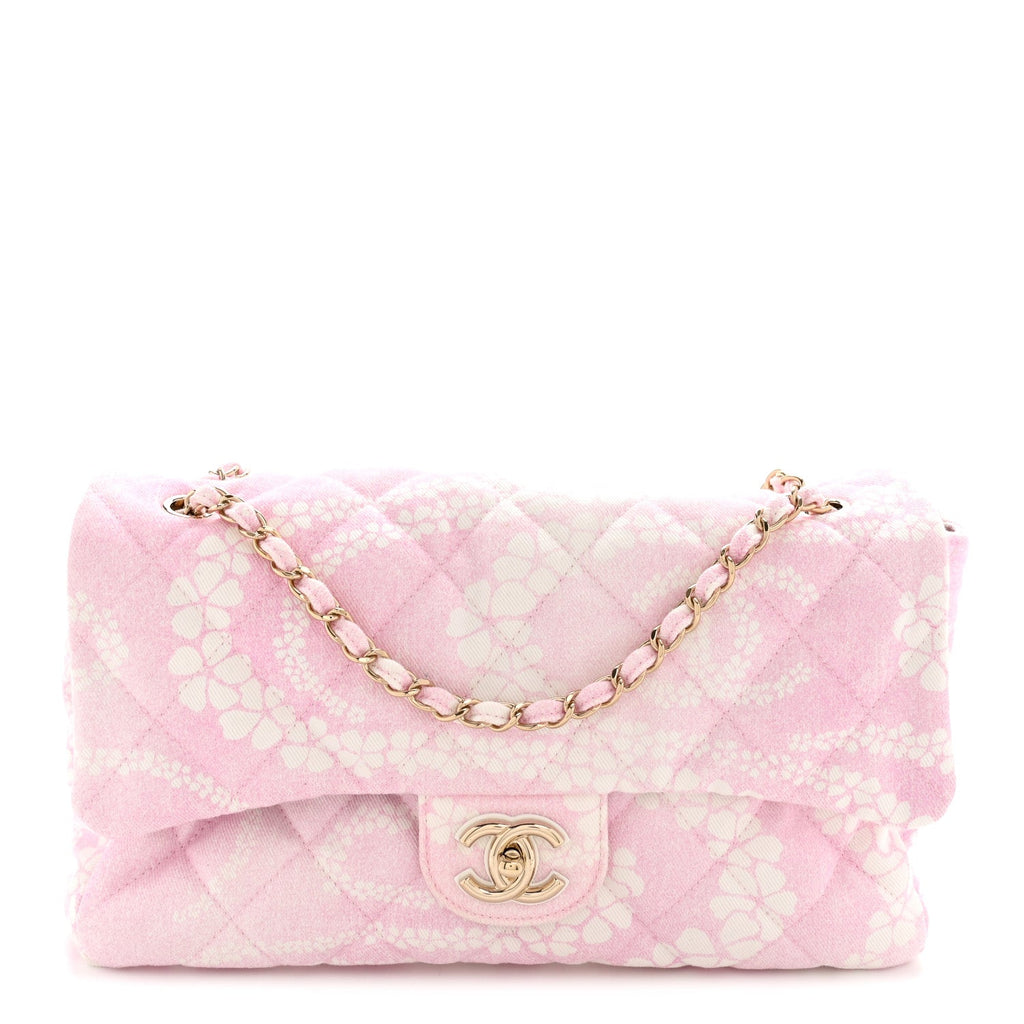 Printed Denim Quilted Medium Single Flap Bag Pink White