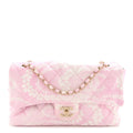 Printed Denim Quilted Medium Single Flap Bag Pink White