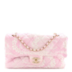 Printed Denim Quilted Medium Single Flap Bag Pink White