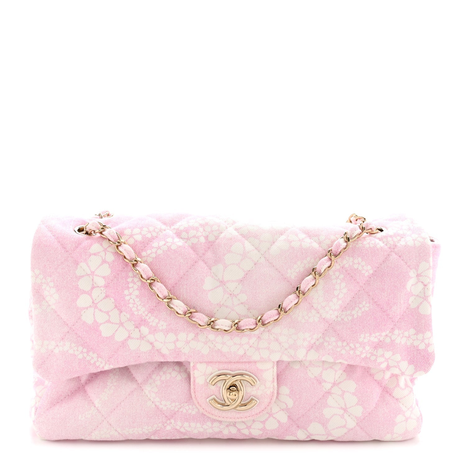 Printed Denim Quilted Medium Single Flap Bag Pink White