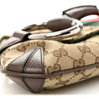 Monogram Textured Dollar Calfskin Heavy Grosgrain Web Medium Maxi Horsebit Chain Shoulder Bag Beige Ebony New Acero
