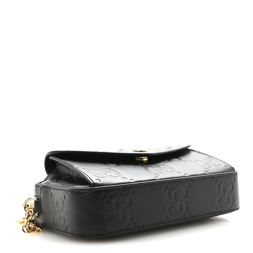 Calfskin GG Super Mini Debossed Chain Wallet Black