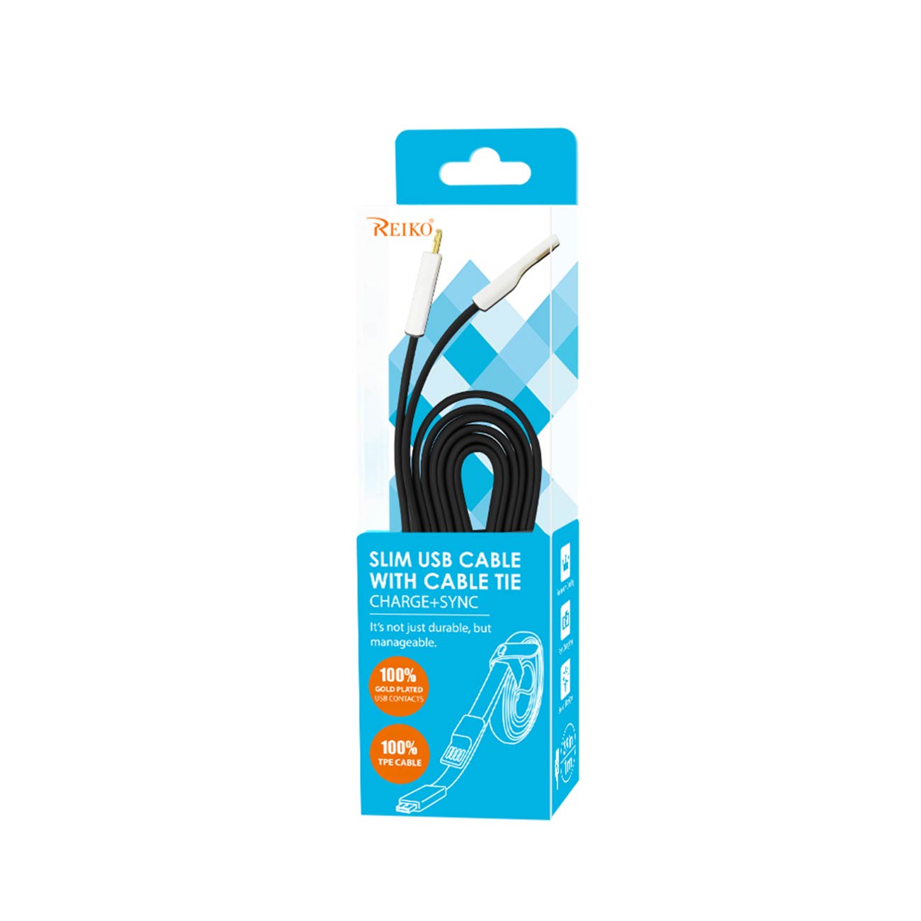 Reiko Flat Micro Usb Gold Plated Data Cable 3.9Ft With Cable Tie In Black