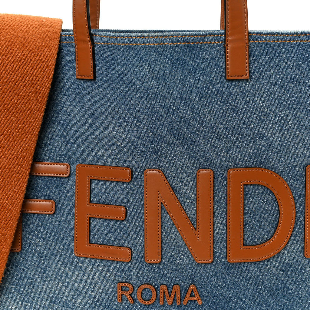 Denim Lavato Vitello King Logo Embroidered Frayed Tote Denim Chiaro Cuoio