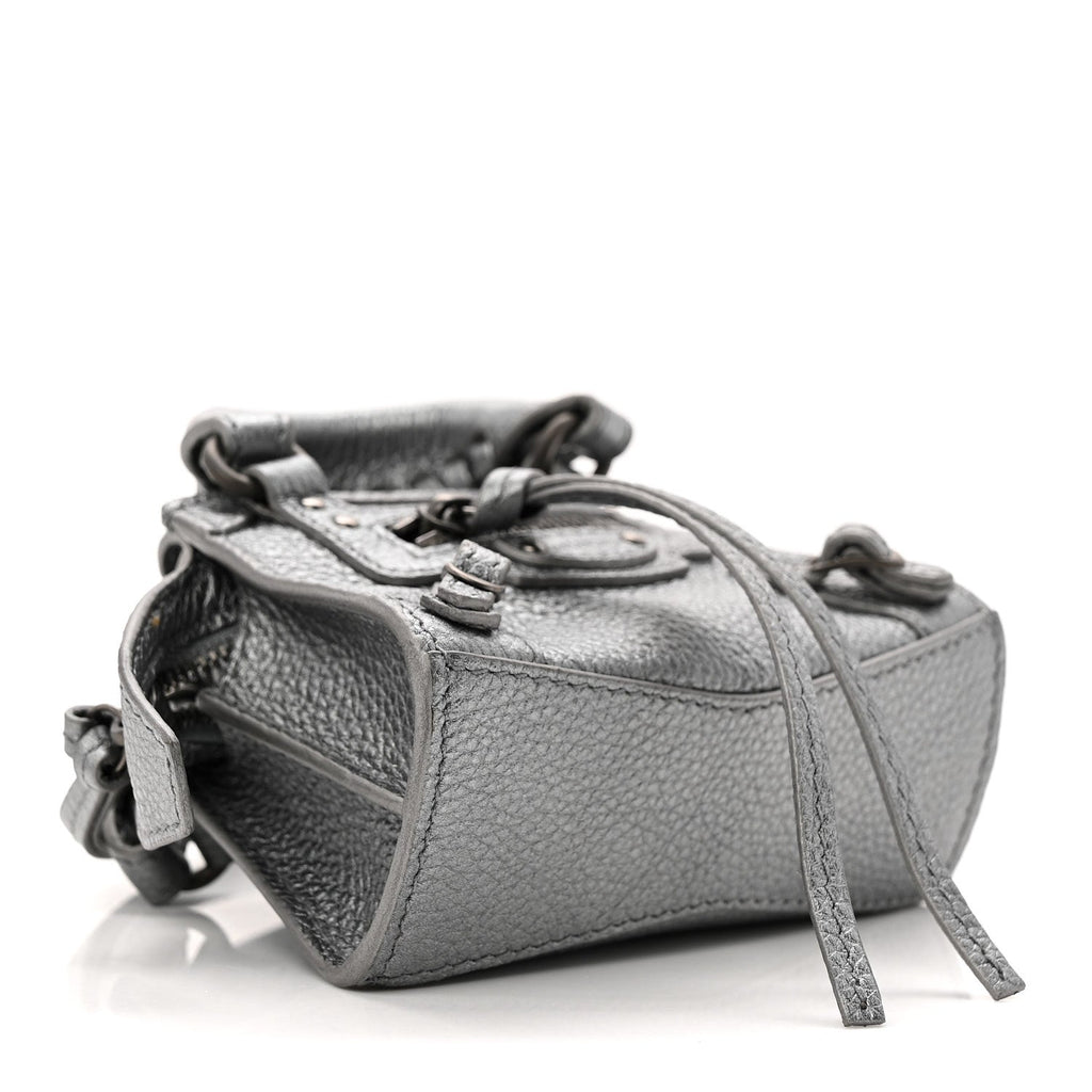 Metallic Grained Calfskin Neo Classic Hardware Super Nano City Crossbody Silver