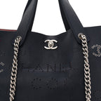 Calfskin Tweed Small Logo Eyelets Shopping Tote Navy Blue