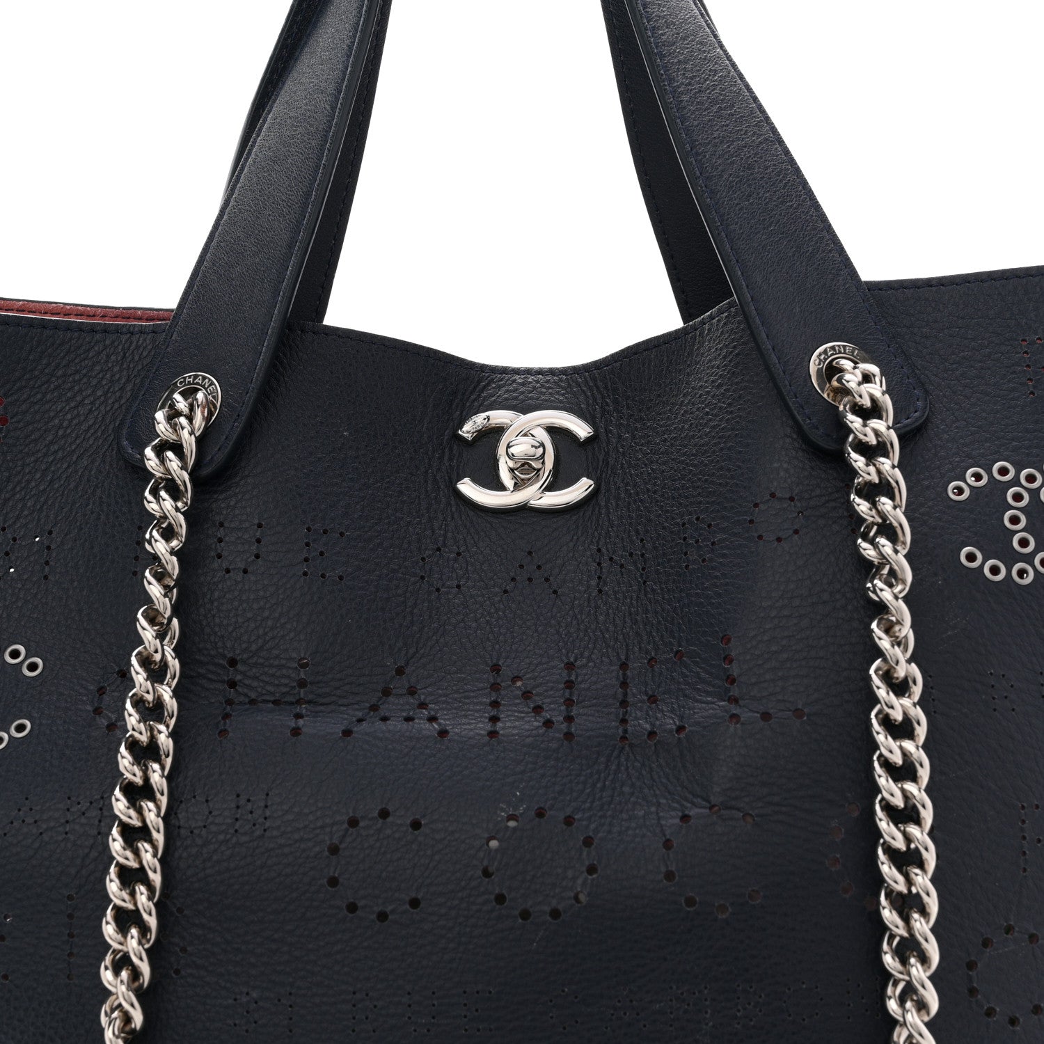 Calfskin Tweed Small Logo Eyelets Shopping Tote Navy Blue
