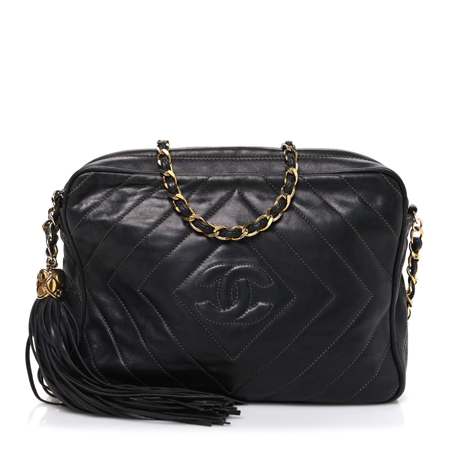 Lambskin Quilted CC Tassel Camera Case Black