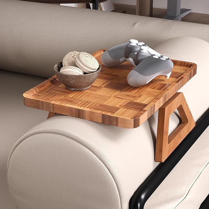Couch Arm Tray, Spliced Bamboo Folding Sofa Tray, Sofa Armrest Trays Clip-On Couch Desk for Drinks ,Snacks ,Phone, Remote Control