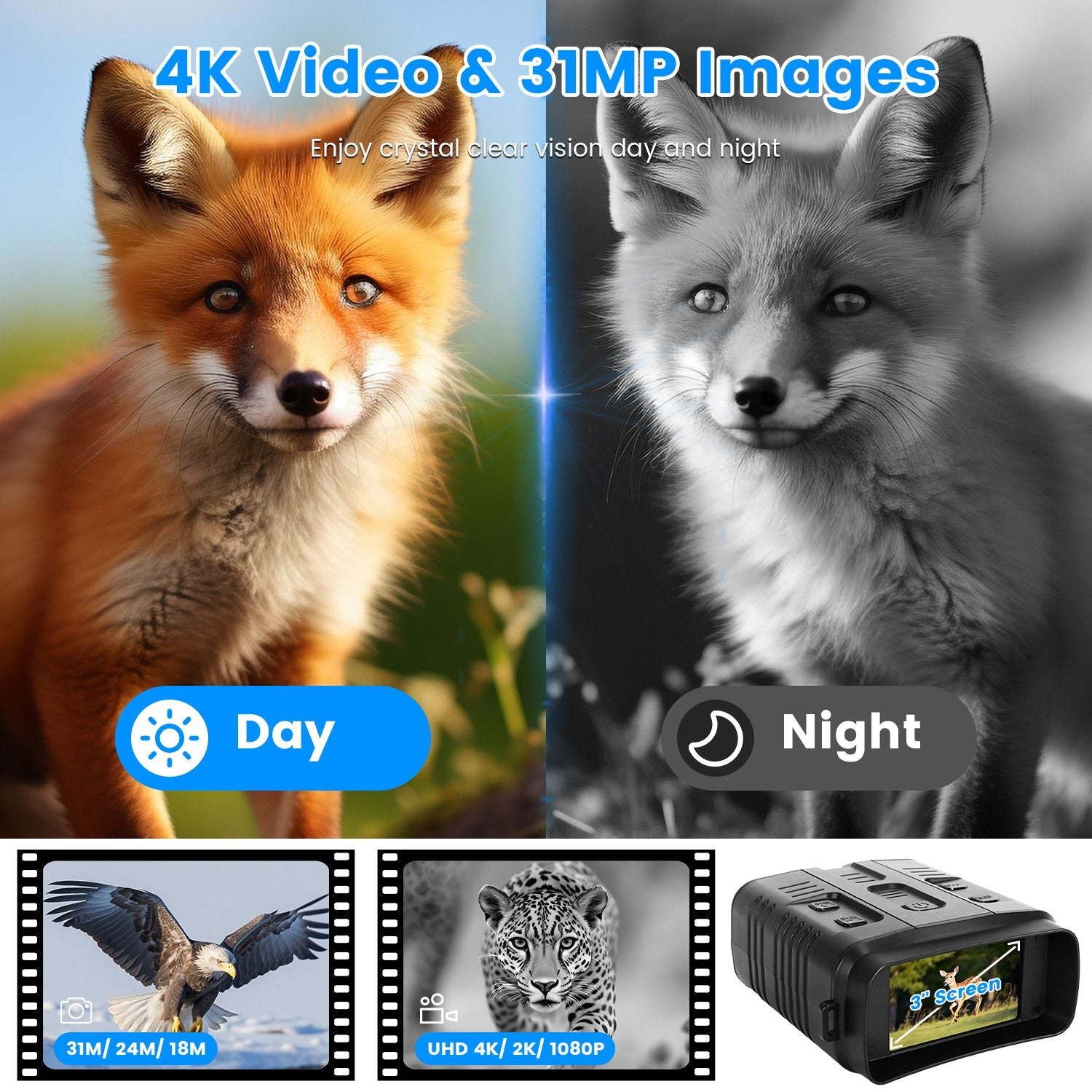Night Vision Goggles 4K Full-Color Binoculars 10X Zoom with 2624ft Viewing Range 3'' Screen 64G MMC Card WIFI APP Control Save Photo and Video for Camping Hunting & Security GPCT5411