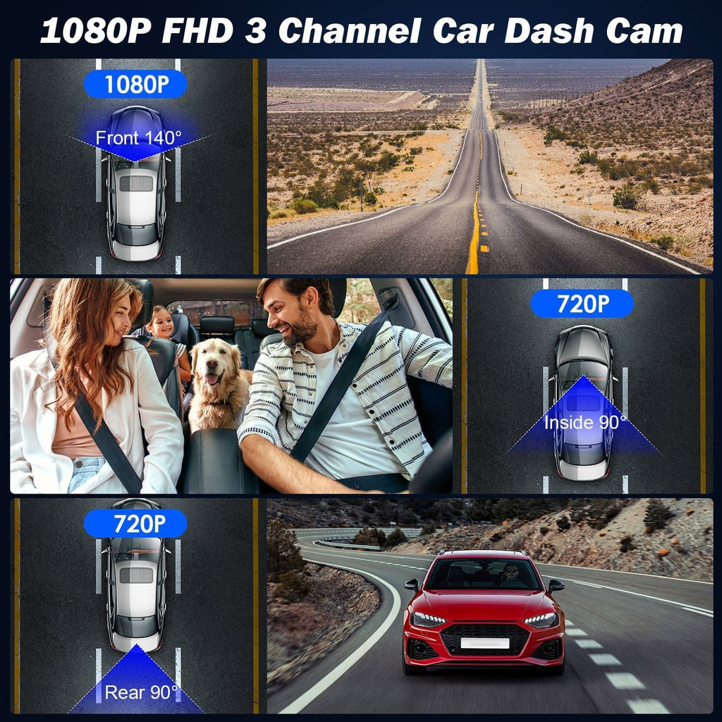 WiFi FHD 1080P Car Dash Cam 3 Channels Front Rear Inside Dash Camera with Loop Recording Reversing Image Night Vision 170° Wide Angle Support 64G MMC Card Included GPCT5431