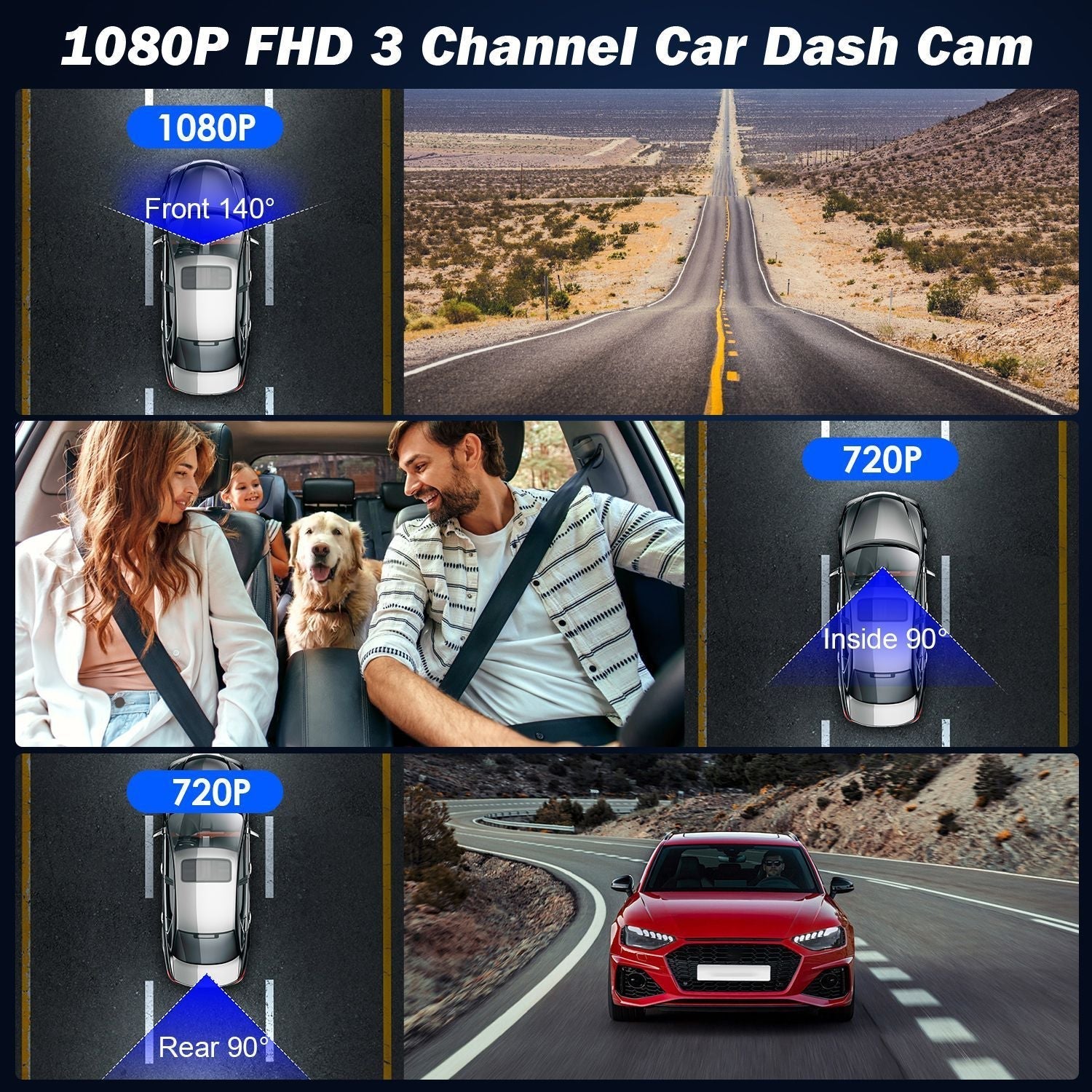 WiFi FHD 1080P Car Dash Cam 3 Channels Front Rear Inside Dash Camera with Loop Recording Reversing Image Night Vision 170° Wide Angle Support 64G MMC Card Included GPCT5431