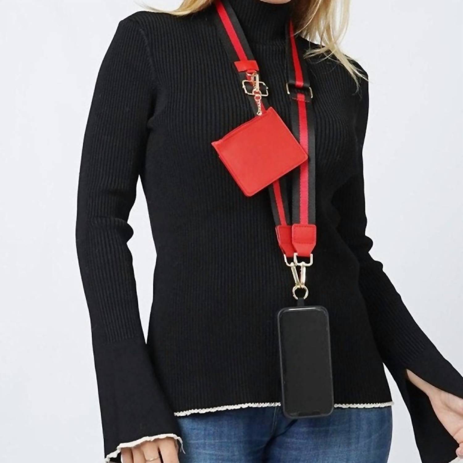 Women's Clip And Carry Crossbody Phone Strap Carrier Pouch Wallet Preppy Stripe In Red Black
