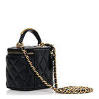 Lambskin Quilted Metal Mini Top Handle Vanity Case With Chain Black