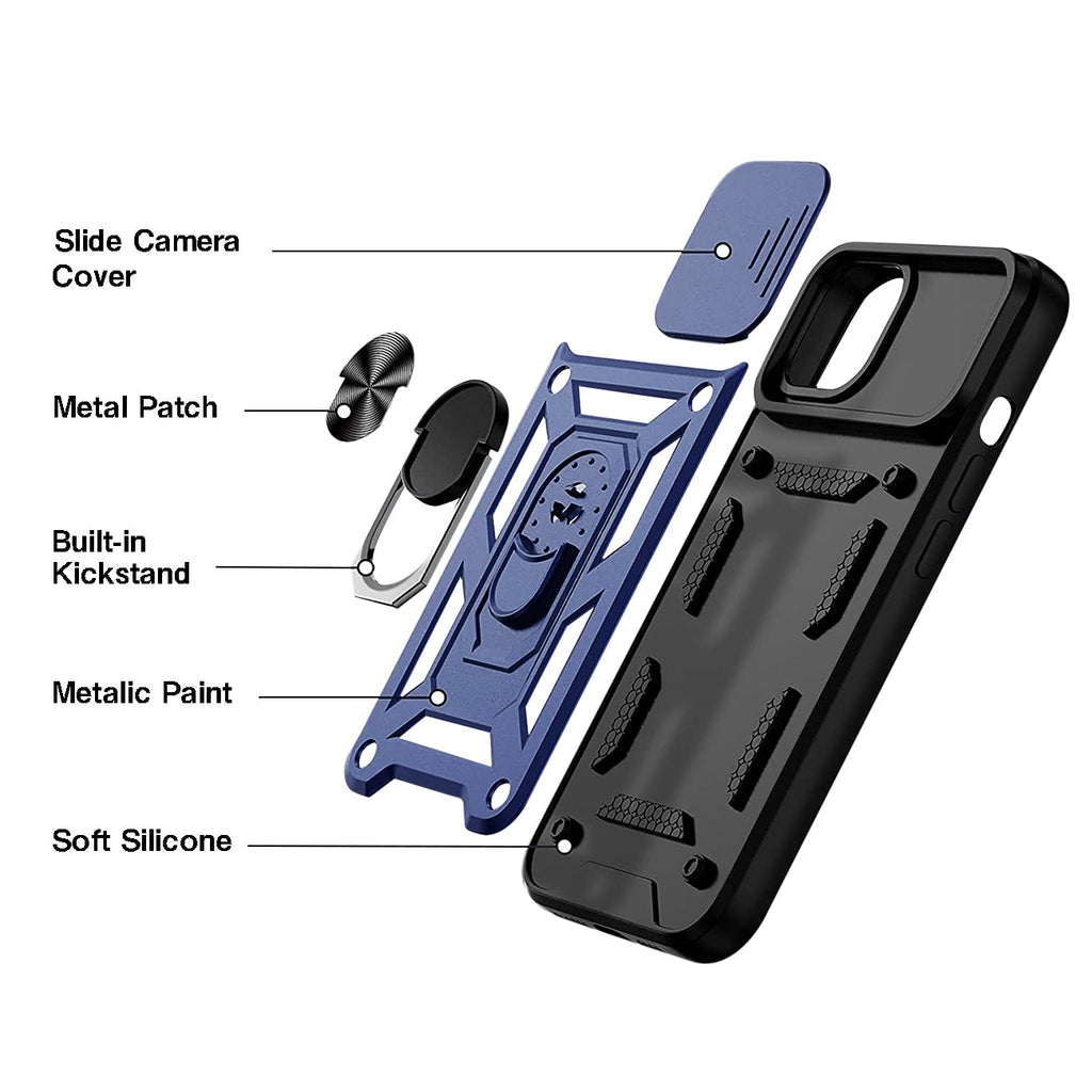 Kickstand Ring Holder With Slide Camera Cover Tpu Magnetic Car Mount For Apple Iphone 13 In Blue