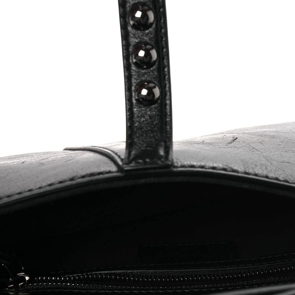 Shiny Crinkled Calfskin Studded Saddle Bag Black